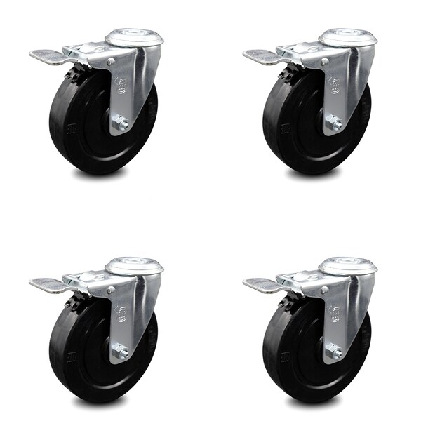 5 Inch Soft Rubber Swivel Bolt Hole Caster Set with Total Lock Brake SCC